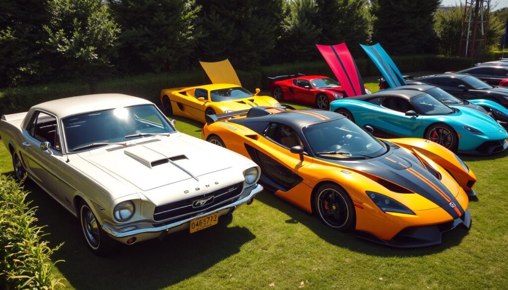 classic cars and modern supercars showcase automotive history